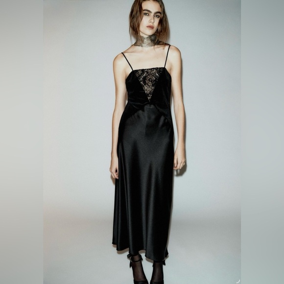 Zara Other - ZARA Black Velvet & Satin Lace Inset Midi Slip Dress - Size M
